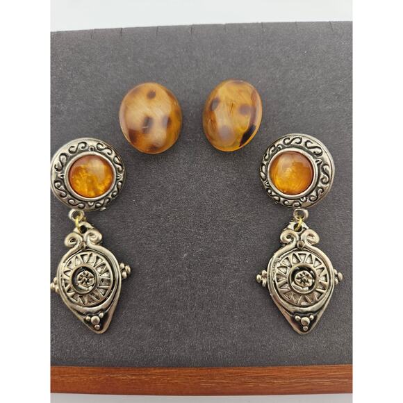 Vintage Clip On Earring Bundle Dangle Bohemian Artsy Fall Mystical Set Of 2 Pair - Picture 2 of 4
